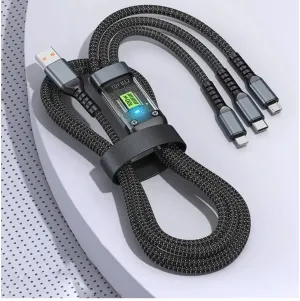 كابل شحن USB 3 في 1 مع شاشة ال اي دي - سلك مضفر للشحن السريع مع USB-A إلى 3x نوع C، شاشة طاقة ذكية، مخرج 100 وات للموبايلات والتابلت 